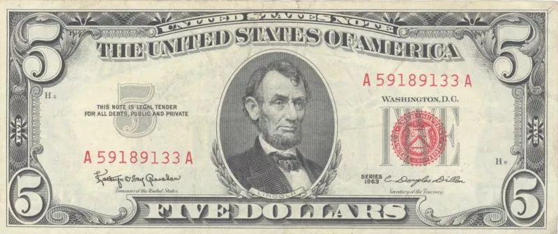 1963 $5 United States Note. Introduced by President Kennedy Executive Order 11110