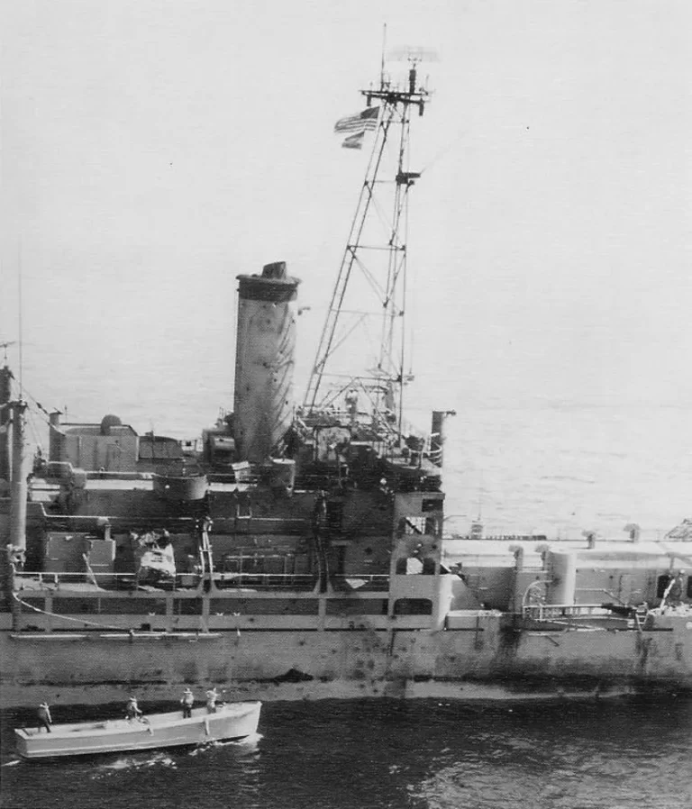 Motor Whaleboat approaches USS Liberty 9 June 1967. the Liberty was attacked by Israeli forces the day before.