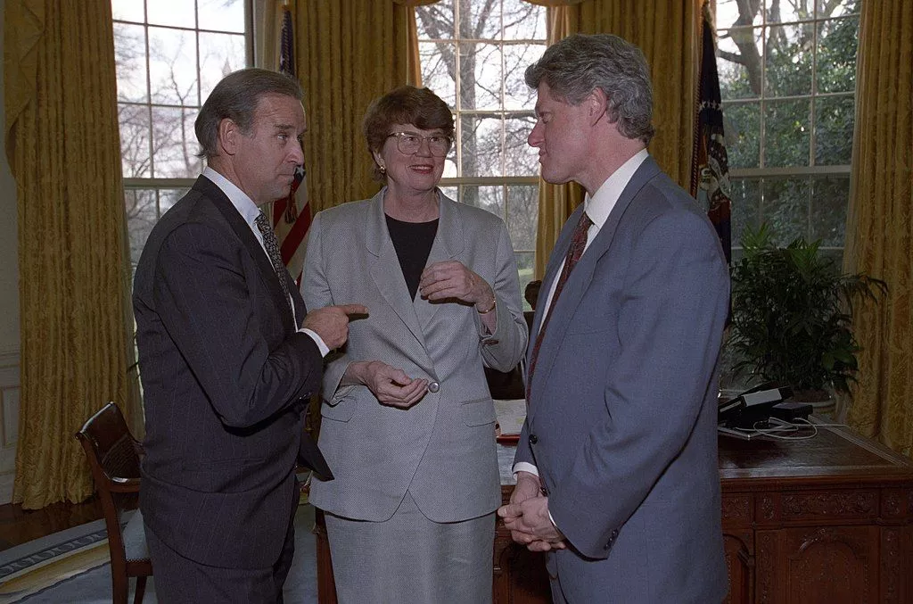 President William Jefferson Clinton meeting with Senator Joseph Biden and Janet Reno in the Oval Office March 1993