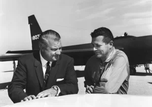 Francis Gary Powers (right) with U-2 designer Kelly Johnson in 1966. Powers was a USAF fighter pilot recruited by the CIA in 1956 to fly civilian U-2 missions deep into Russia. Powers and other USAF Reserve pilots resigned their commissions to become civilians