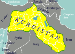 Map of Greater Kurdistan which covers parts of Iraq, Iran, Turkey, and Syria