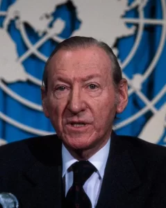 Kurt Waldheim, secretary-general of the United Nations, during a press conference at the UN Headquarters in New York City 1981