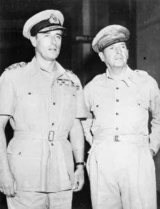 Admiral Louis Mountbatten with General of the Army Douglas MacArthur July 1944