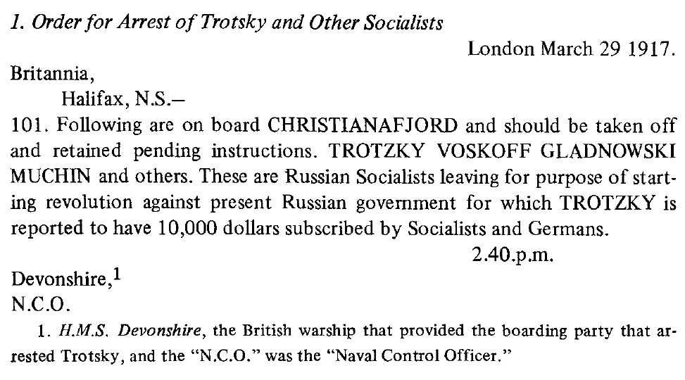 British order for Trotsky's arrest 29 March 1917