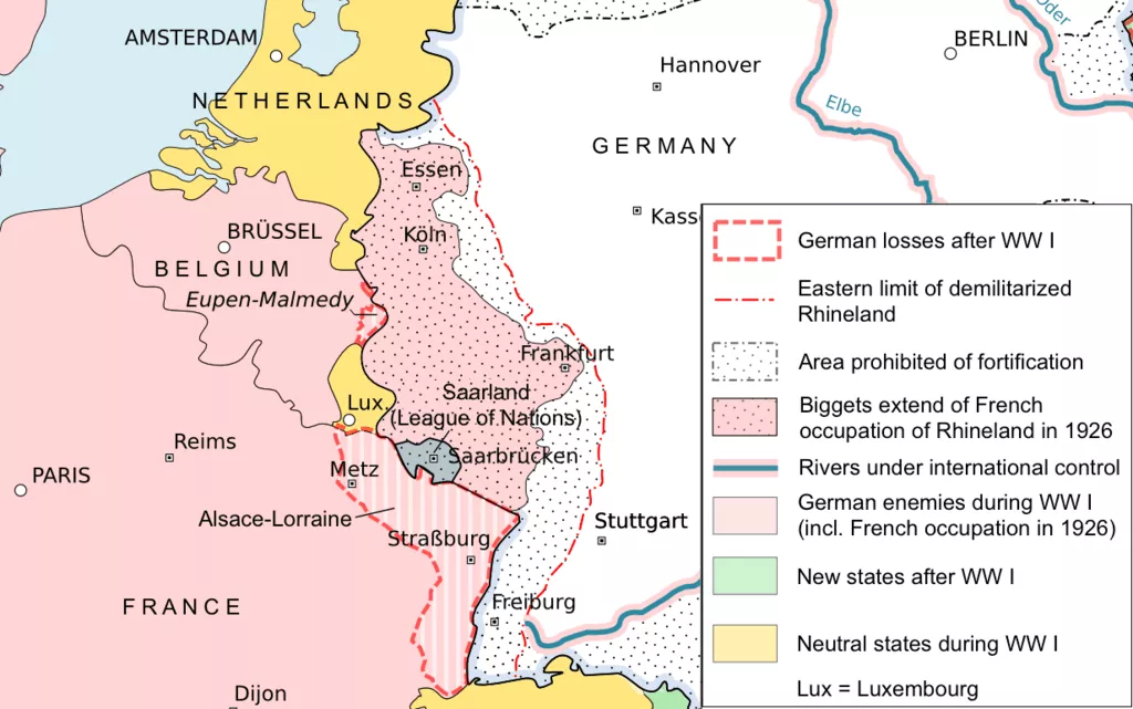 Map focusing on German Rhineland after WW I 14 July 2019