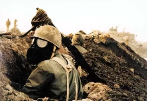 Soldier in Iran Iraq war with chemical mask