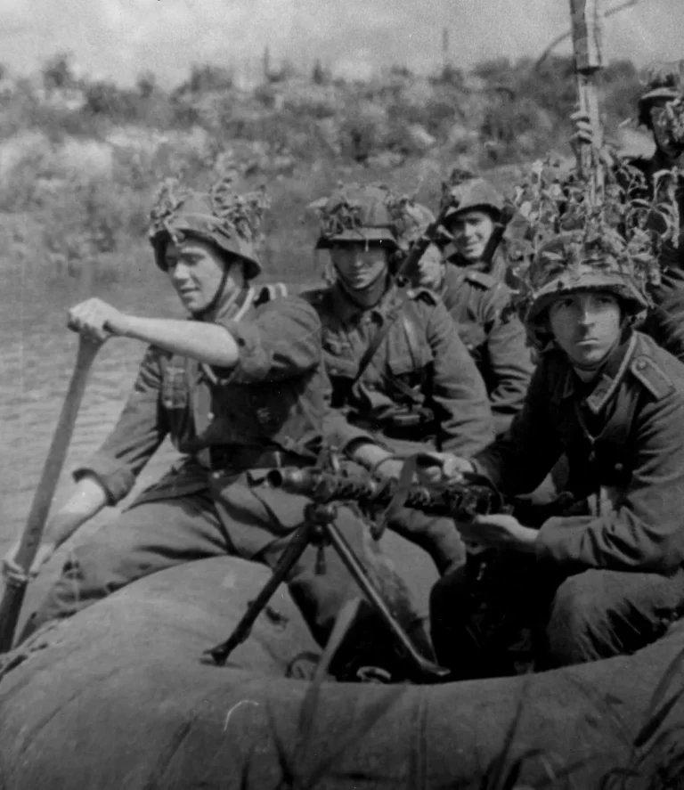 Blue Division Spanish soldiers on a raft at the Eastern Front of World War II