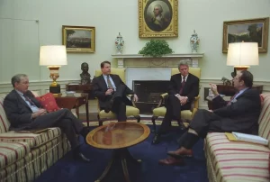 February 22, 1996: President Clinton and Vice President Gore meet on Bosnia with CIA Director John Deutch and National Security Advisor Tony Lake in the Oval Office