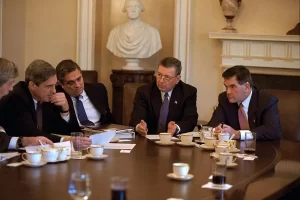 Federal Bureau of Investigation (FBI) Director Robert Mueller, Central Intelligence Agency (CIA) Director George Tenet, Attorney General John Ashcroft, and Homeland Security Director Tom Ridge confer in the Cabinet Room of the White House October 2001