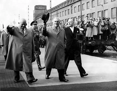 Chairman of the Soviet Communist Party Nikita Khrushchev and Prime Minister Nikolai Bulganin on the Helsinki railway station in June, 1957. To the right Finland's Prime Minister V. J. Sukselainen.