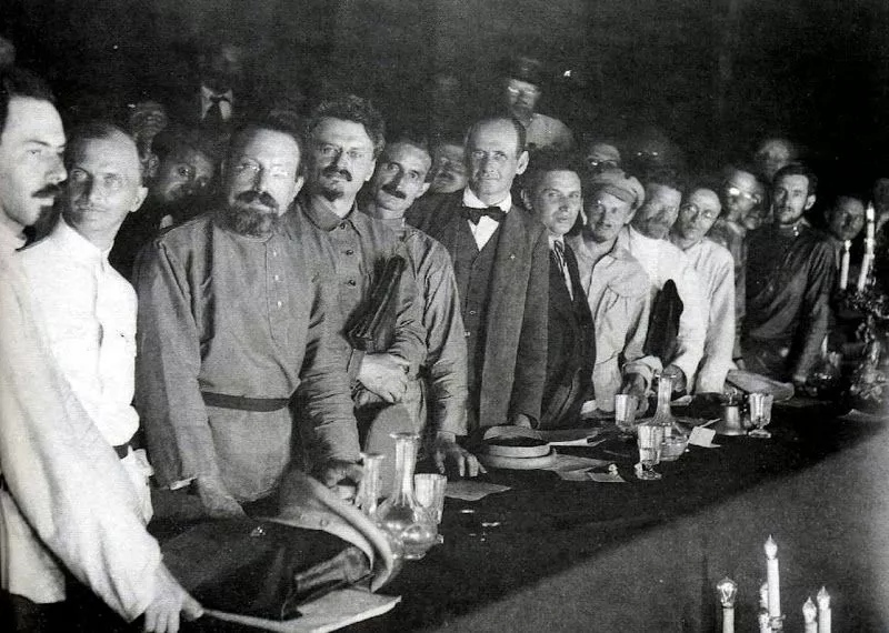 Delegates of the Second Congress of the Communist International. Leon Trotsky is the fourth from the left, before him is Giacinto Serrati (Italy), behind him are Alfred Rosmer (France), Paul Levi (Germany), Grigory Zinoviev, Nikolai Bukharin, Mikhail Kalinin. Moscow, 1920