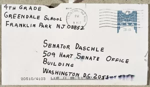 Anthrax envelope addressed to Senator Thomas Daschle, postmarked October 9, 2001