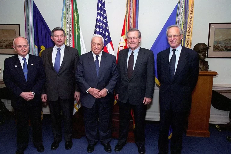 From the left, The Honorable David Ivry, Israeli Ambassador to the United States, Paul D. Wolfowitz, Deputy Secretary of Defense, Ariel Sharon, Israeli Prime Minister, Donald H. Rumsfeld, U.S. Secretary of Defense, and Martin Indyk, U.S. Ambassador to Israel