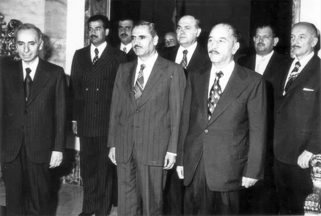 Members of the National Command of the Arab Socialist Ba'th Party (Iraqi wing): Party founder and General Secretary Michel Aflaq (left), Iraqi Vice president Saddam Hussein (second line), Assistant General Secretary Shibli al-Ayssami (mid left), Iraqi president Ahmad Hasan al-Bakr (mid right) and others