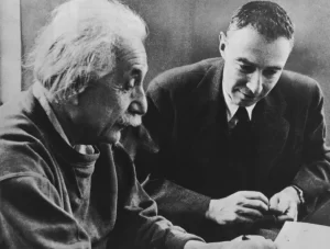 Albert Einstein and Robert Oppenheimer in a posed photograph at the Institute for Advanced Study 1950