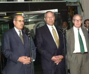 Secretary of State Colin L. Powell with (to his left) Dr. Hans Blix, Executive Chairman, United Nations Monitoring, Verification, and Inspection Commission (UNMOVIC) and (to his right) Dr. Mohamed El Baradei, Director General of the International Atomic Energy Agency (IAEA)