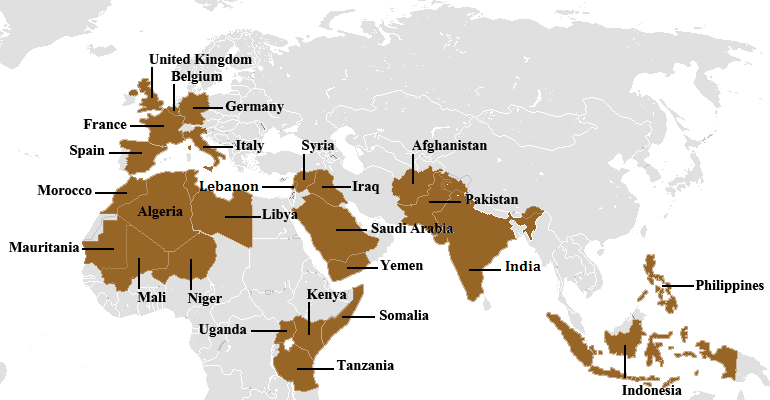 The map of main countries, where internation terrorist organisation "Al-Qaeda" has been active 2013