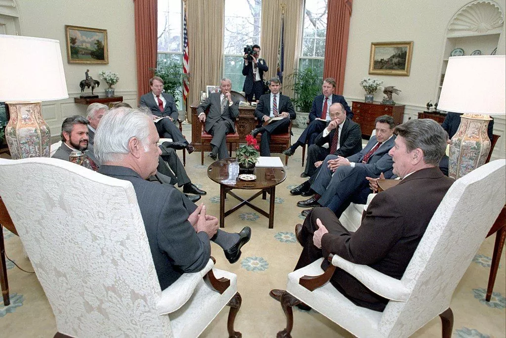 President Ronald Reagan Meeting to Discuss Proposed Contra Aid Package with Adolfo Calero Arturo Cruz Alfonso Robelo John Poindexter Caspar Weinberger Oliver North Don Regan Don Fortier in The Oval Office, 3/3/1986