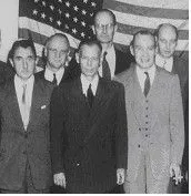 Walter Bedell Smith (center) with top Agency leaders, including Smith's new Deputy Director, William Harding Jackson (front row, to Smith's right) and outgoing DCI Hillenkoetter (to Smith’s left, in light suit), at swearing in ceremony of 7 October 1950.