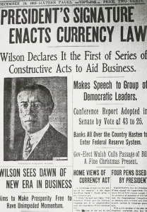 Newspaper clipping USA, Woodrow Wilson signs creation of the Federal Reserve 24 December 1913