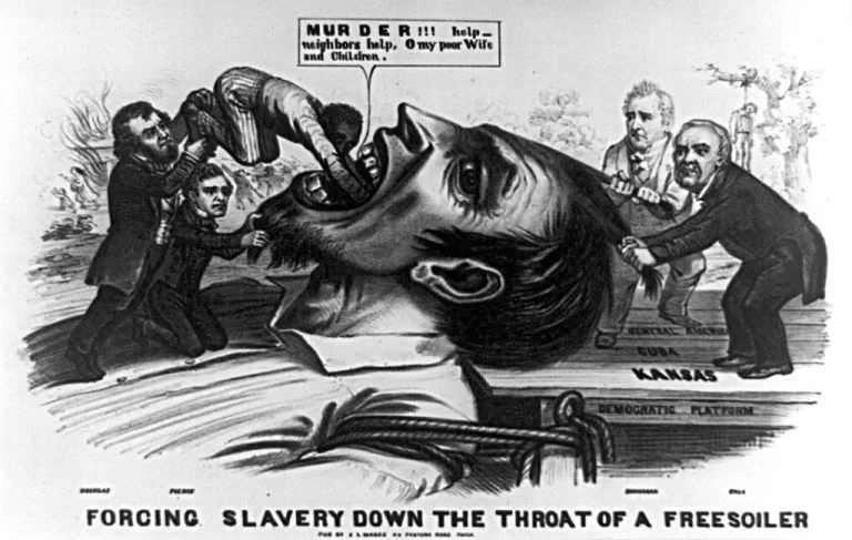 An 1856 cartoon depicts a giant free soiler being held down by James Buchanan and Lewis Cass standing on the Democratic platform marked "Kansas", "Cuba" and "Central America". Franklin Pierce also holds down the giant's beard as Douglas shoves an African American down his throat.