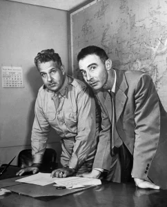 Leslie Groves (left), military head of the Manhattan Project, with Professor Robert Oppenheimer (right) 1942