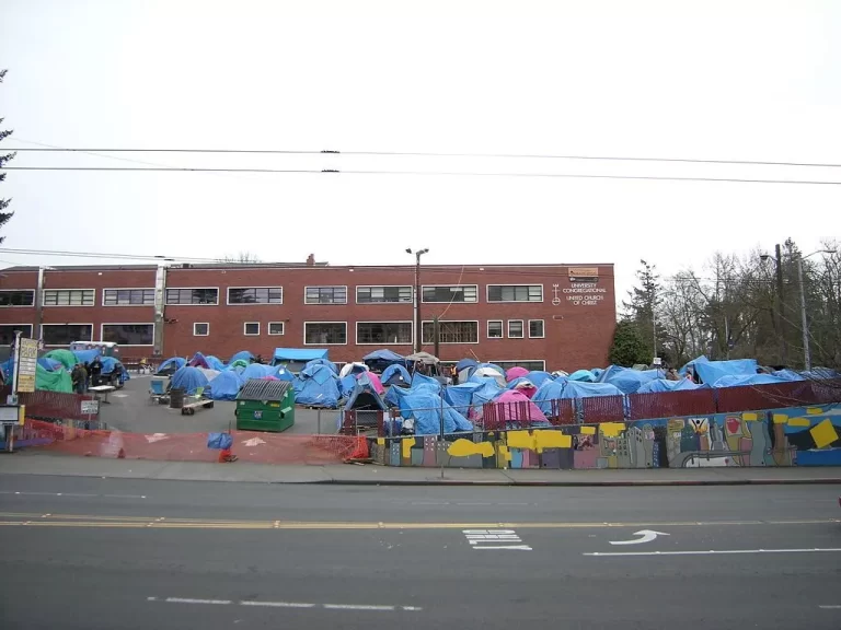 "Nickelsville" homeless encampment (named after Seattle Mayor Greg Nickels) towards the end of its 3-month stay in the parking lot of the University Congregational United Church of Christ in the University District, Seattle, Washington.