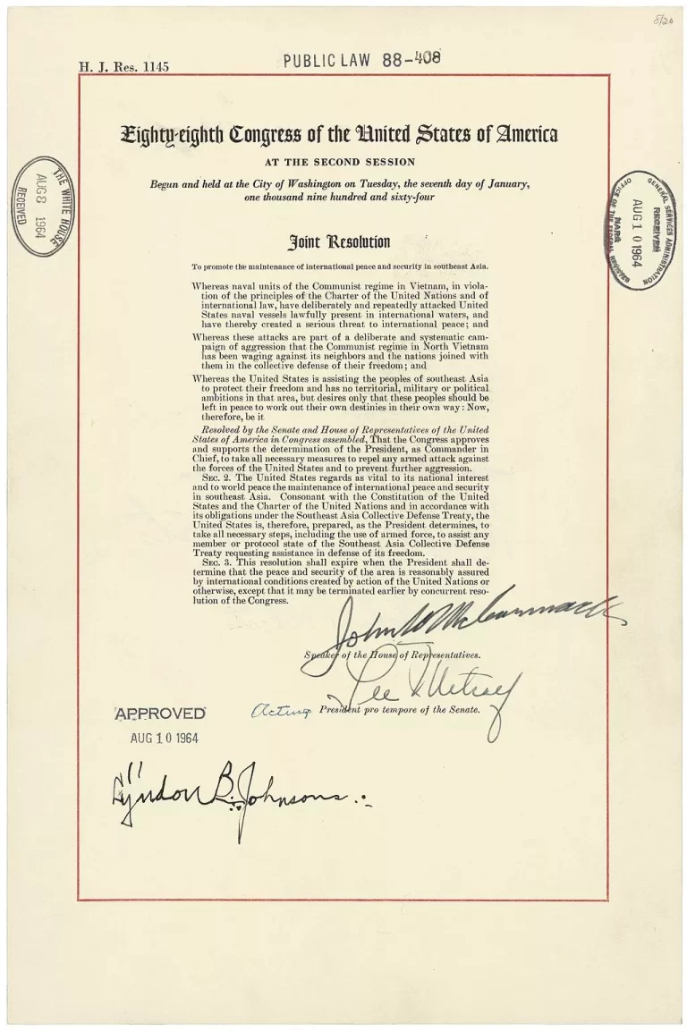 Tonkin Gulf Joint Resolution of Congress, PL 88-408 10 August 1964