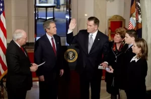 As President George W. Bush watches, Vice President Dick Cheney swears in Tom Ridge as the Secretary of the Department of Homeland Security in the Cross Hall Jan. 24, 2003. Secretary Ridge's wife, Michele, and children, Tom and Lesley, hold the Bible during the administering of the oath. "In October of 2001, when I established the office -- the White House Office of Homeland Security -- I knew immediately that Tom was the right man for the assignment. He's a decisive, clear-thinking executive who knows how to solve problems. He's a person of integrity and a person of good judgment," said the President in his remarks.