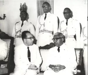 Haitian president François Duvalier (Papa Doc) meets the Israeli non-resident ambassador, Dr. Yoel Bar-Romi, at Duvalier's coronation as president for life.