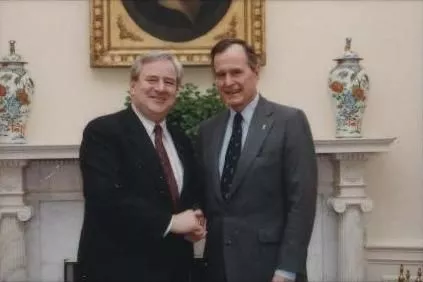 PRESIDENT BUSH MEETS WITH ECUMENICAL LEADERS IN THE ROOSEVELT ROOM. THE PRESIDENT GREETS THEM INDIVIDUALLY IN THE OVAL OFFICE. JERRY FALWELL IS AMONG THOSE PRESENT; WHITE HOUSE 1991-03-07