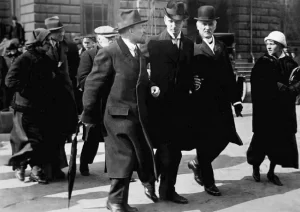 Vladimir Lenin with Ture Nerman and Carl Lindhagen outside the Stockholm Central Station 13 April 1917