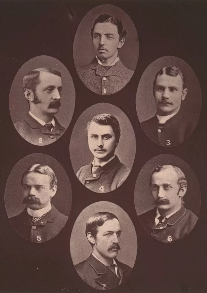 Portraits of the Cambridge Seven, from left to right and top to bottom: 1. Charles Thomas Studd, 2. Dixon Edward Hoste, 3. William Wharton Cassels, 4. Stanley P. Smith, 5. Cecil H. Polhill-Turner, 6. Arthur T. Polhill-Turner, 7. Montagu Proctor-Beauchamp