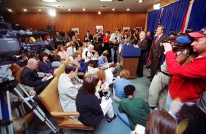 Attorney General Bob Butterworth speaking at a news conference with Governor Jeb Bush on the initial Florida recount during the 2000 Presidential election