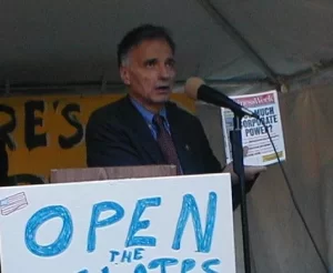 Ralph Nader speaks at Wash U against the corporate control of the October 17 2000 debates, which he was excluded.