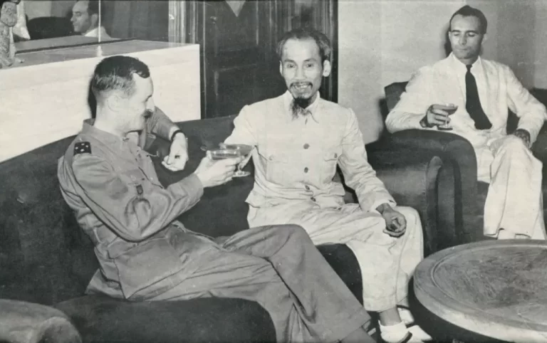 North Vietnam 1946 - President Ho Chi Minh received at the residence of the French Governor, General Leclerc, in the presence of the Commissioner of the Republic of Tonkin, Jean Sainteny, March 18, 1946.