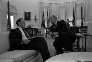 President Lyndon B. Johnson meets with McGeorge Bundy 1967