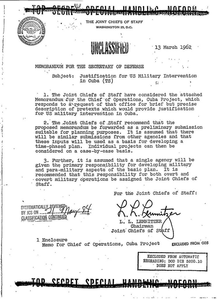 Operation Northwoods Memorandum for the U.S. Secretary of Defense (March 13, 1962) titled: "Justification for U.S. Military Intervention in Cuba