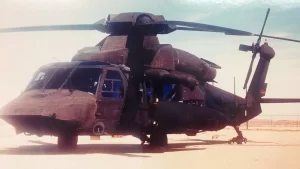 The first ever image of a stealthy Black Hawk helicopter. A heavily modified Sikorsky EH-60, possible predecessor to the stealth Black Hawks used in the Bin Laden raid