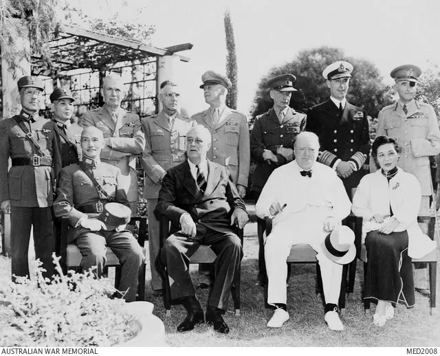 Cairo, Egypt 22 November 1943 Back row, left to right: General (Gen) Shang Chen, Foreign Affairs expert of the Chinese Army; Lieutenant General (Lt Gen) Ling Wei; Lt Gen Brehon Somervell, Chief US Army Service of Supply; Lt Gen Joseph W. Stilwell, Commander of US Army Forces in China, India and Burma; Gen Henry Arnold, Chief of US Army Air Forces; Field Marshal Sir John Dill; Admiral Louis Mountbatten, Allied Commander-in-Chief in the Far East; Major General Carton de Wiart of the British General Staff. Front row: Generalissimo Chiang Kai-shek; President Franklin D. Roosevelt; Prime Minister Winston Churchill; Madame Chiang.