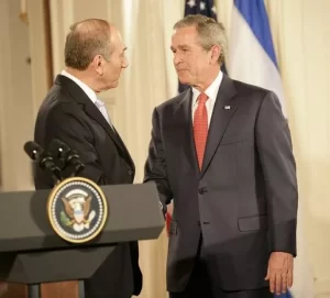 George W. Bush and Prime Minister Ehud Olmert of Israel