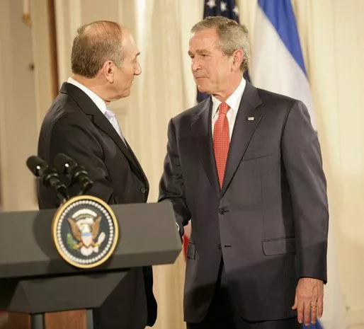 George W. Bush and Prime Minister Ehud Olmert of Israel