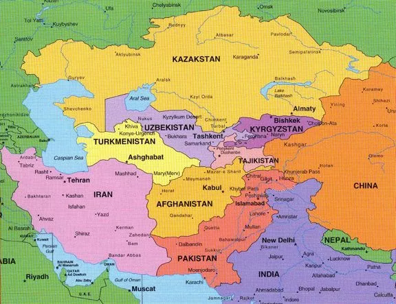 Map of Iran and Kyrgyzstan Area