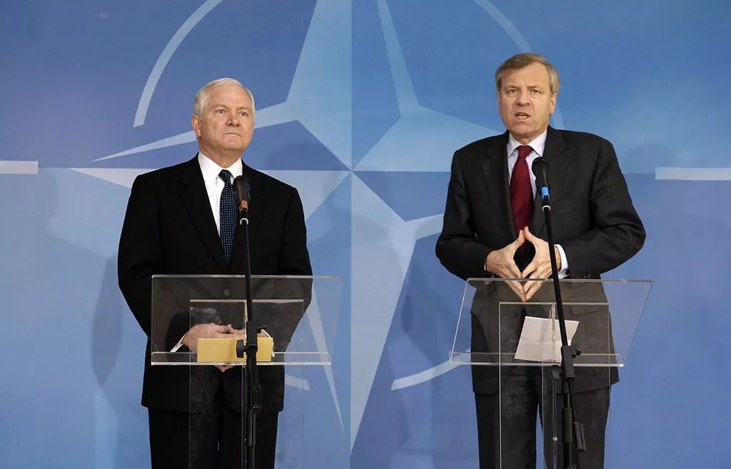 U.S. Defense Secretary Robert Gates, left, and NATO Secretary General Jaap de Hoop Scheffer conduct a press conference at the NATO headquarters in Brussels, Belgium.