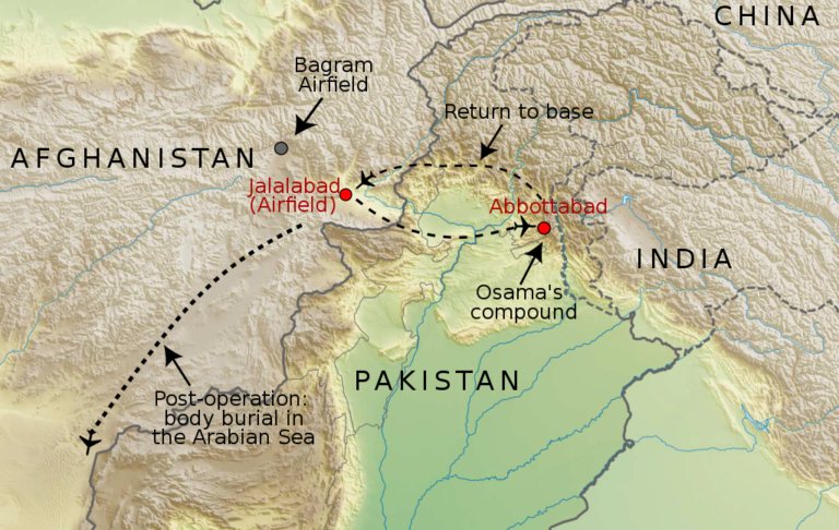 Map of the United States's Operation Neptune Spear (killing of Osama bin Laden), including the post-operation body burial.