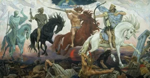 Four Horsemen of Apocalypse (1887). Oil on canvas, 72 x 136 cm (28.3 x 53.5 in). Glinka National Museum Consortium of Musical Culture, Moscow