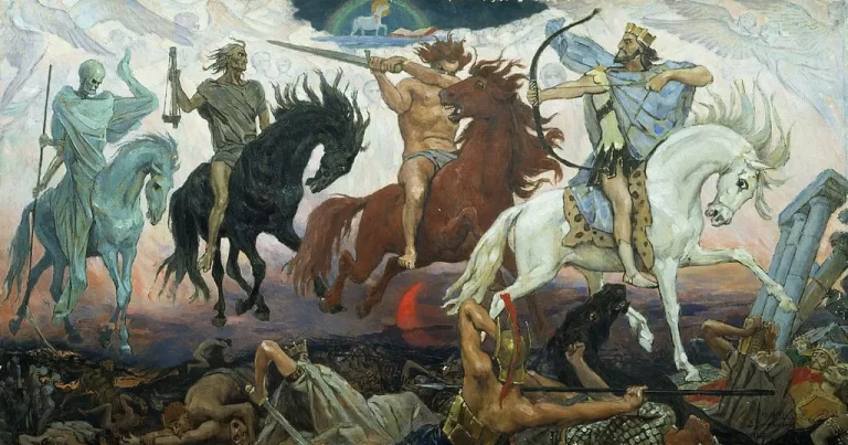 Four Horsemen of Apocalypse (1887). Oil on canvas, 72 x 136 cm (28.3 x 53.5 in). Glinka National Museum Consortium of Musical Culture, Moscow