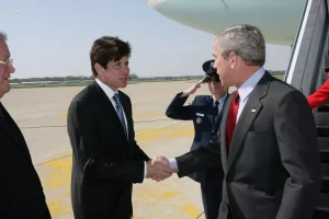 President George W. Bush Greets Governor Rod R. Blagojevich Upon Arrival at Lincoln Airport in Springfield, Illinois, 4/19/2005