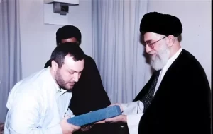 Imad Mughniyeh, a military leader of Hezbollah, receiving a gift from Iranian Supreme Leader Ali Khamenei in Tehran in an undated meeting