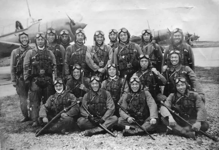 Group photo of Japanese Kamikaze pilots at Chōshi airfield, Japan, 1944. Only 1 of the 18 men in the photo, Toshio Yoshitake, survived the war after his aircraft was shot down by an American fighter aircraft.